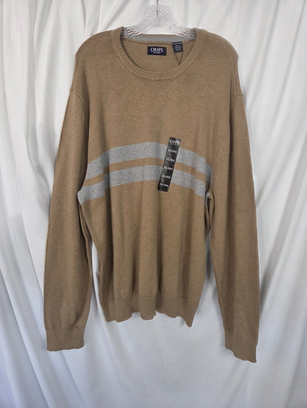 Chaps Camel Crewneck Cotton Sweater with Light Gray Stripes NWT. Size 2XL